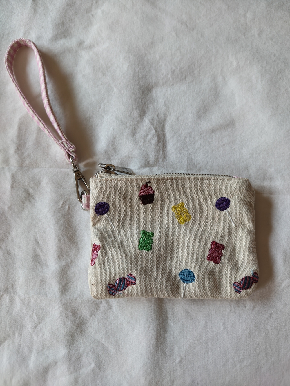Madden Girl Kids Canvas Wristlet Coin Purse with Pink Strap and Candy Embroidery